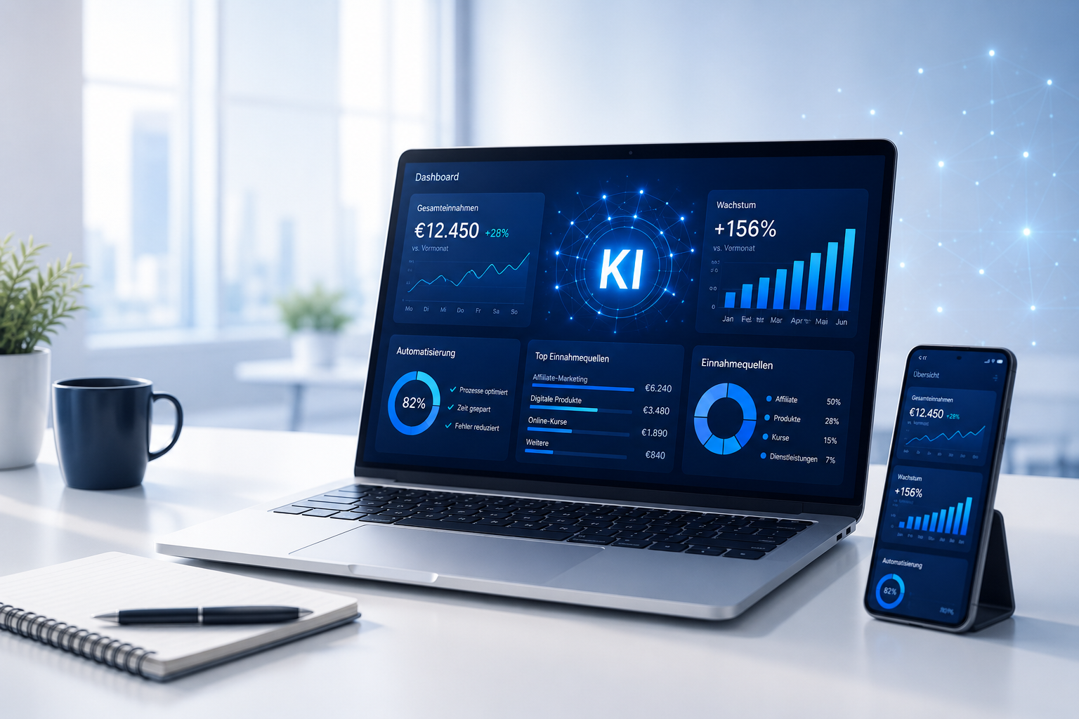 Laptop mit KI-Dashboard für ChatGPT, Automatisierung, Affiliate-Marketing und digitales Online-Business